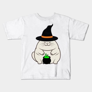 Funny fat cat is wearing a witch costume Kids T-Shirt